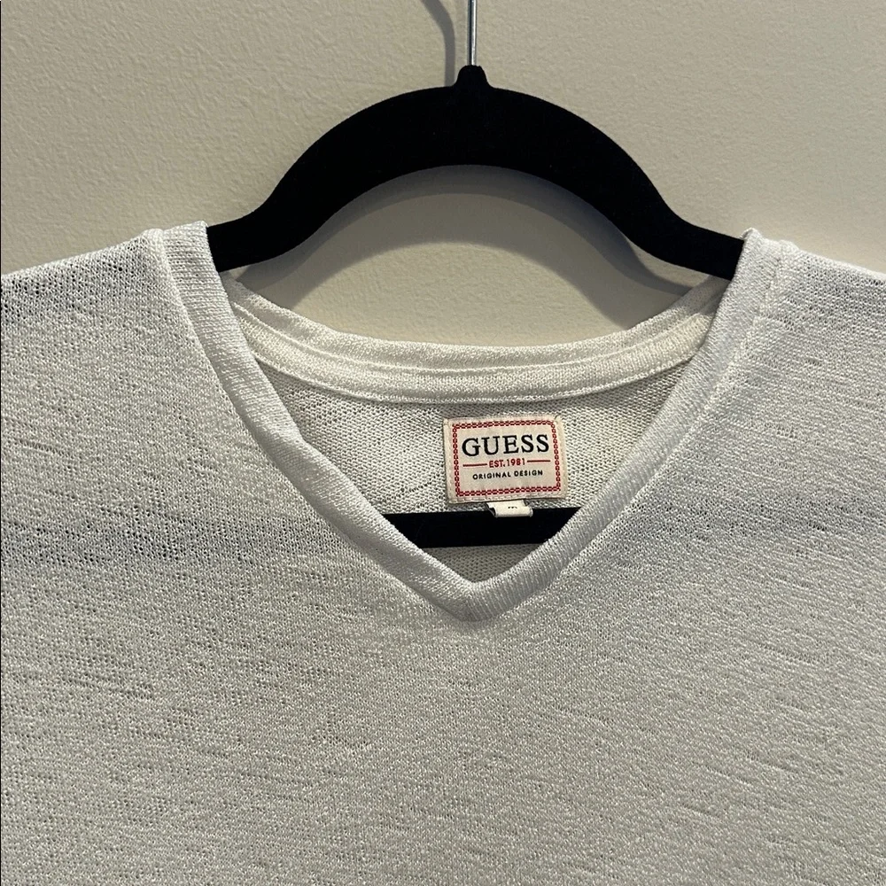 Guess White V-Neck Short Sleeve Knit Tee - Picture 3 of 5